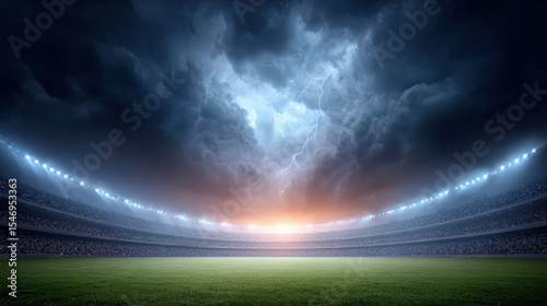 Epic shot of soccer stadium with stormy clouds and lightning striking above illuminated field, creating dramatic atmosphere