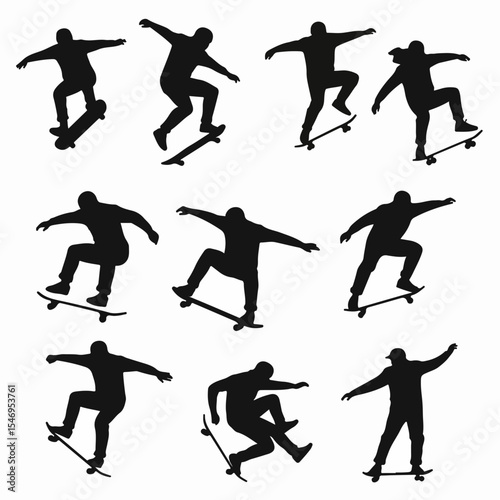 Skateboarder silhouette performing various tricks on skateboard