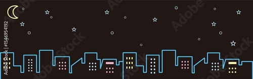 バナー　夜景　建物　都会　ビル　シルエット　星　月　街並み　背景　フレーム　壁紙　イラスト　素材