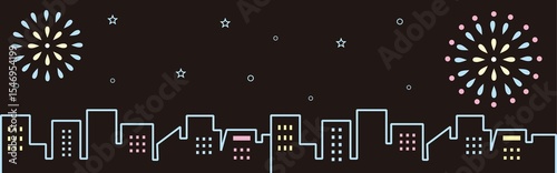 バナー　夏　花火　まつり　夜景　街並み　建物　ビル　シルエット　背景　フレーム　壁紙　イラスト　素材