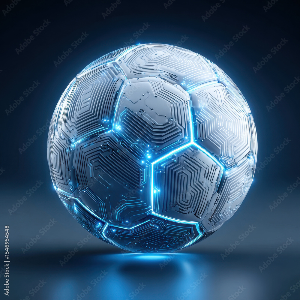 Naklejka premium Futuristic glowing soccer ball with circuit patterns levitates, emitting blue light and showcasing advanced technology in dark setting