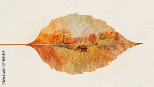  In the center of the autumn leaf, illustrate a breathtaking fall landscape