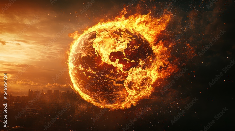 Obraz premium Fiery depiction of earth in flames symbolizing global warning and devastation