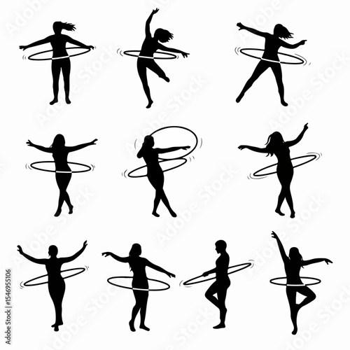 Silhouette of women hula hooping poses set