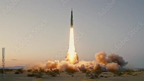 Ballistic missile launch from desert silo at fiery dusk