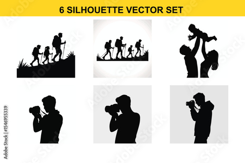 Six family silhouettes vector set isolated on white background