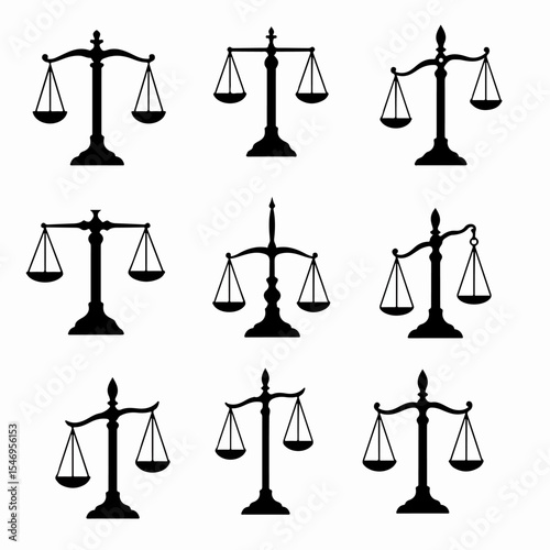 Scales of justice symbols, legal fairness icons