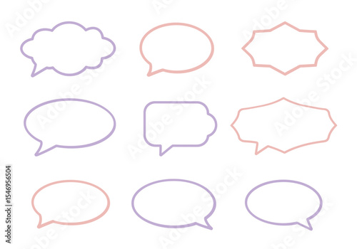 Collection of nine pastelcolored outlined speech bubbles in varied shapes and arrangements on a white background
