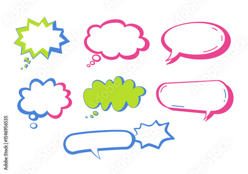 Colorful speech bubbles of various shapes and sizes arranged on a white background