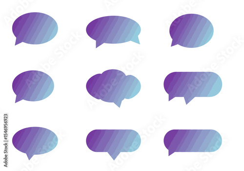 Nine blue  purple speech bubbles in various shapes arranged in a grid