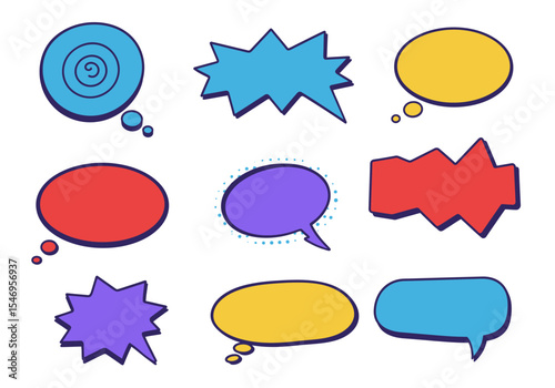 Nine colorful cartoon speech bubbles of various shapes and styles are arranged on a white background