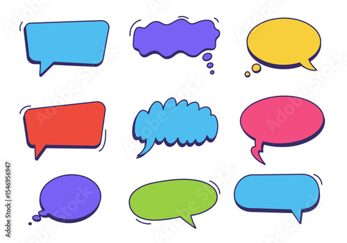 Nine colorful cartoonish chat bubbles with unique shapes and varying color schemes on a white background