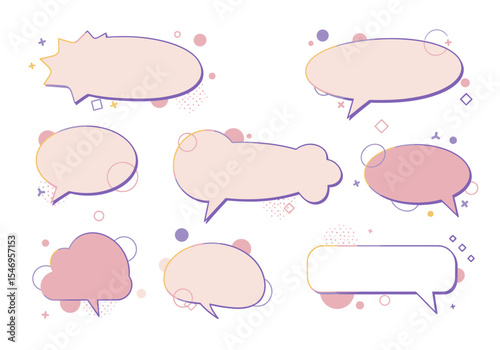 Several speech bubbles with geometric doodles float on a white backdrop