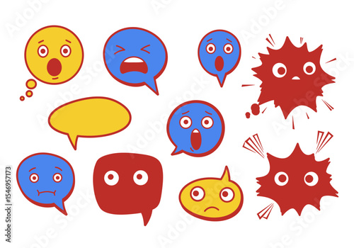Speech bubbles and burst shapes display varied emotions primarily in blue red and yellow colors