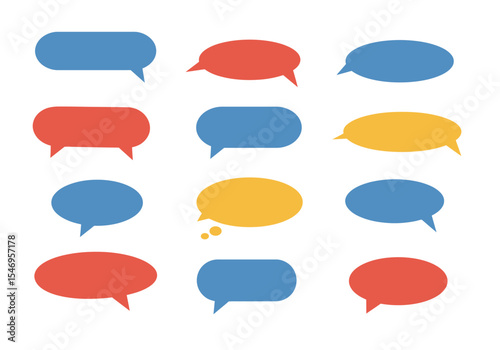 Speech bubbles array varied shapes colors  orientations scattered on a white background