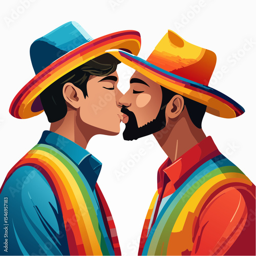 Diverse male couple kissing, adorned in vibrant rainbow accessories and traditional Mexican attire, celebrating Pride Day Dia del Orgullo LGBTQ with love and joy in a colorful atmosphere