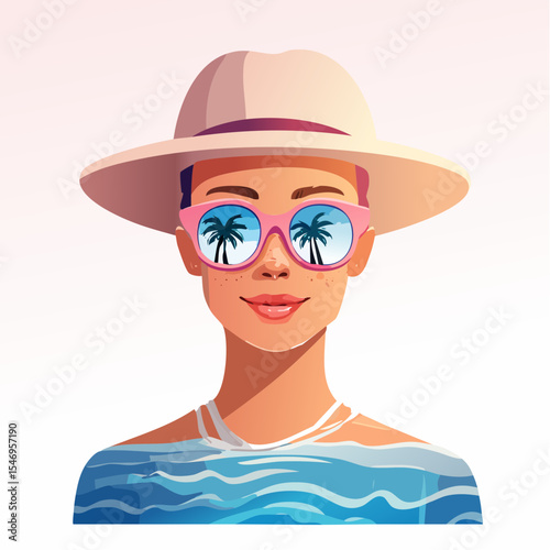 Young woman with short hair wearing a wide-brimmed hat and stylish sunglasses, enjoying a sunny day at the beach, reflecting palm trees in her glasses, embodying summer vibes