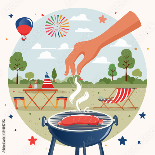 Hand placing sausage on grill, surrounded by festive decorations, picnic setup, and colorful fireworks in the sky, celebrating Independence Day with joyful atmosphere