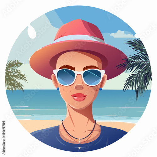 Young woman wearing sunglasses and a pink hat stands against a beach backdrop with palm trees and ocean waves, embodying a relaxed summer vibe and carefree lifestyle