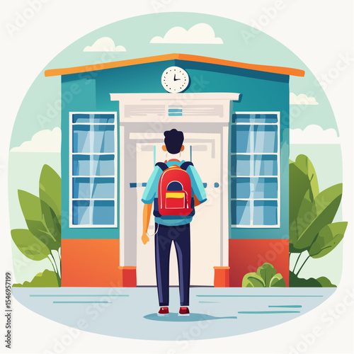 Student with backpack stands in front of school building, ready for first day of classes, surrounded by greenery and bright sky, capturing excitement of new beginnings