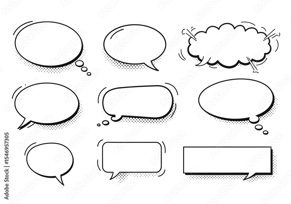 Fototapeta premium The image displays nine comic speech bubbles with different shapes and effects