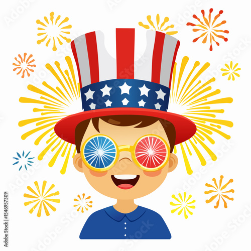 Happy child wearing festive red, white, and blue hat with stars, colorful sunglasses, celebrating Independence Day surrounded by vibrant fireworks and joyful atmosphere