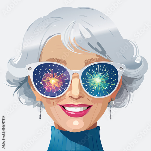 Woman with silver hair wearing oversized sunglasses reflecting colorful fireworks, celebrating Independence Day with joyful expression and festive atmosphere, embodying spirit of freedom