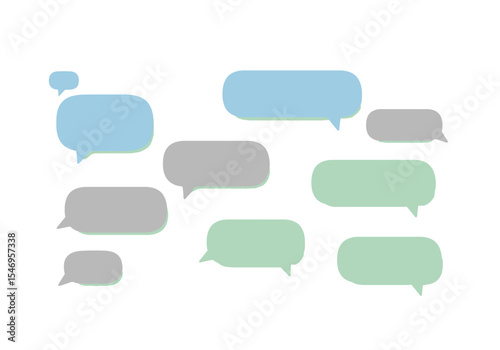 The image features several colorful rounded speech bubbles arranged against a white background