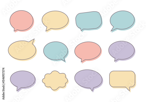 Twelve pastel speech bubbles in assorted shapes and colors outlined with a simple handdrawn style on a white background
