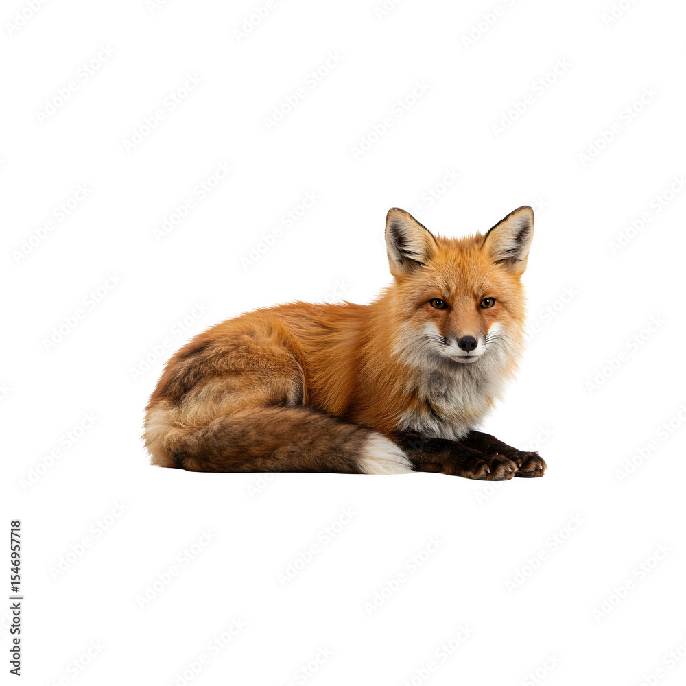 Obraz premium A relaxed fox lying down with its fluffy tail curled around its body