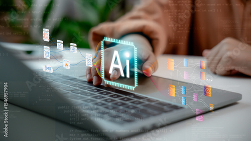 Close-up of hand interacting with AI workflow on laptop screen. Concept of artificial intelligence process, machine learning pipeline, data analysis, automation, and smart system integration.