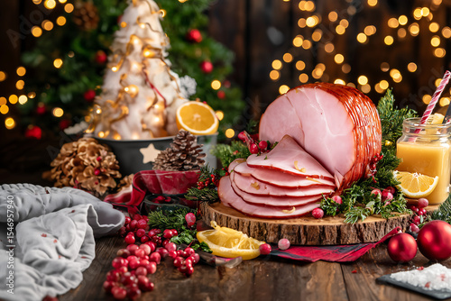 Holiday Baked Ham with Glaze. This is made with a large piece of ham, baked until tender, then coated with a glaze of honey, brown sugar, maple syrup, mustard, and fruit juice side view