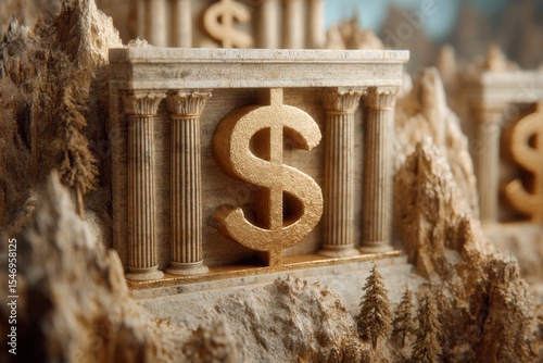 Emerging Market Debt Concept. A stone bank building with classical columns prominently features a large golden dollar sign, symbolizing finance and wealth amidst a rocky landscape.