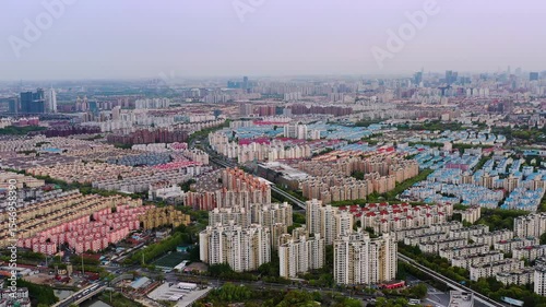 Aerial view of residential neighborhoods in Jing'an District Shanghai showcasing urban development and diverse architecture photo