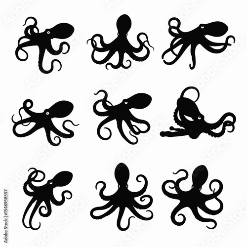 Octopus silhouettes collection nautical marine sea life