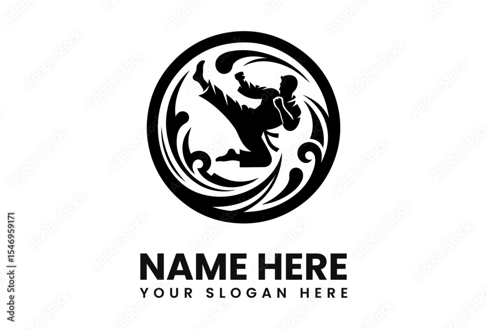 Fototapeta premium Silhouette of a martial artist performing a high kick, within a circular design featuring stylized water patterns, a logo template.
