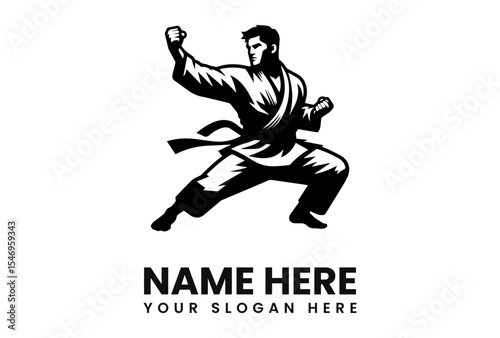 Powerful martial artist in dynamic fighting stance, black and white illustration, logo design.