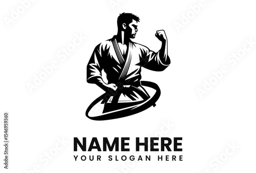 Powerful Karateka logo design, strong pose, black and white illustration, martial arts, belt, fitness.