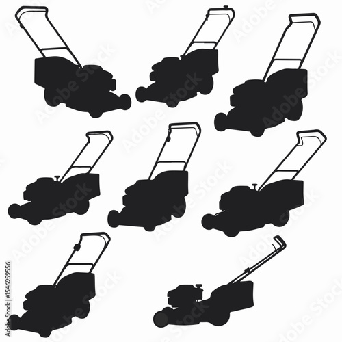 Lawnmower silhouette set for outdoor equipment concept