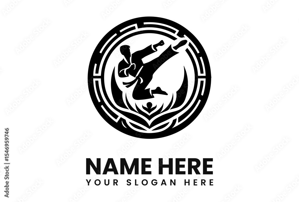 A stylized logo depicting a martial artist performing a high kick inside a decorative circular frame. A stylized logo depicting a martial artist performing a high kick inside a decorative circular frame.