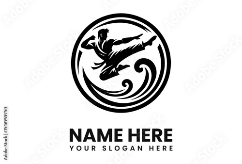 A martial artist in a dynamic kick, set within a circular design with stylized wave elements.