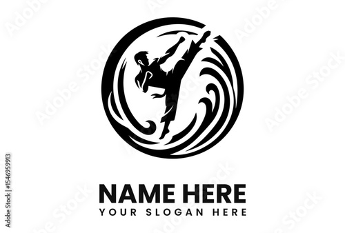 Silhouette of a martial artist performing a high kick, encircled by stylized waves, forming a logo design.
