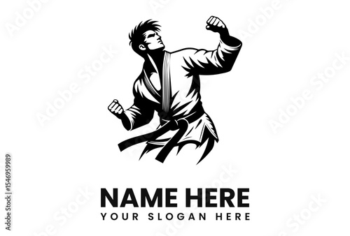 Black and white logo of a karateka in a dynamic pose, showcasing strength and triumph.