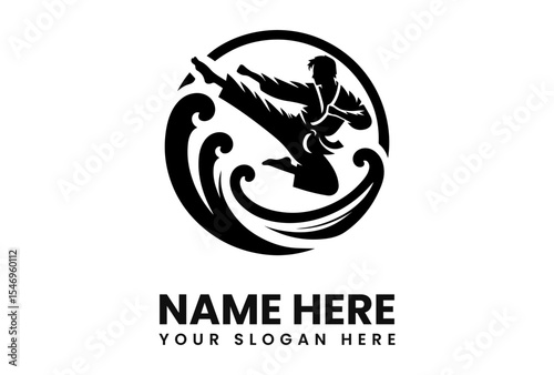 Dynamic martial artist silhouette kicking, encircled by stylized waves, logo design.
