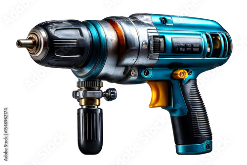 Pneumatic air impact wrench with steel grip and nozzle, photographed on white studio background and cut out for clean transparency
