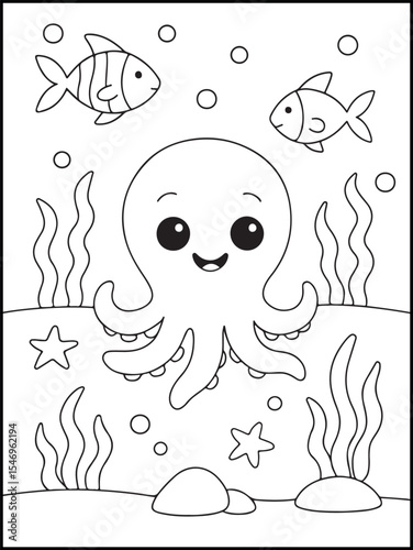 Illustration of a cute cartoon octopus underwater. Black and white printable coloring page for kids. Educational outline worksheet.