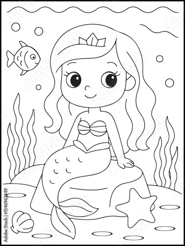 Illustration of a beautiful cartoon mermaid underwater with sea creatures. Black and white printable coloring page for kids. Educational outline worksheet.