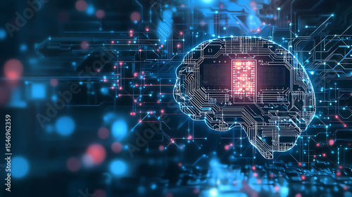 A computer chip brain with a red light on it