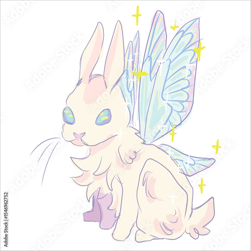 Fantastic fictional character. Fairytale animal. Magical fairy rabbit with shimmering butterfly wings. Delicate cream color. Stars. Vector hand-drawn illustration. Print for clothes, logo, sketchbook 