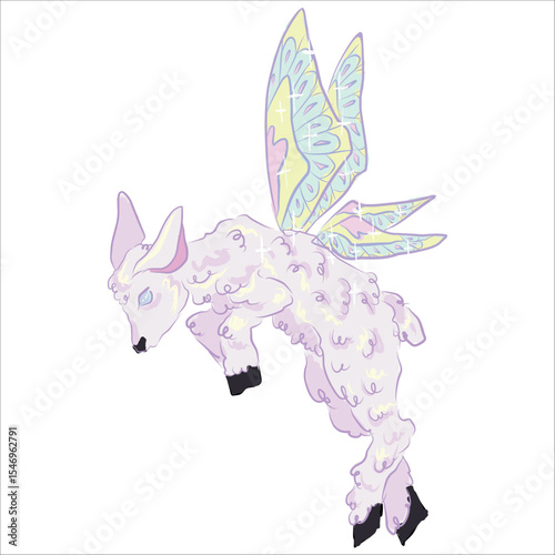 Fairytale lamb. Magic character. sheep with butterfly wings. Flying animal. Original fantasy illustration. fairy butterfly wings. Vector hand drawn illustration. Delicate pleasant colors. Print design